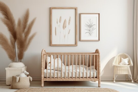 a wall frame mockup in a nursery with a Boho, Scandinavian, eco style.