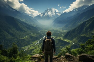 Hiking euphoria, back view of man in mountains, soaking in mesmerizing landscape Generative AI