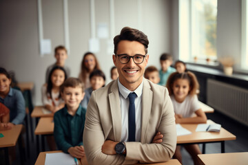 Portrait of a smiling male teacher in class at an elementary school looking at the camera