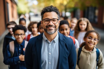 Portrait of a smiling male teacher in class at an elementary school looking at the camera