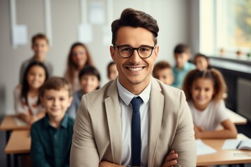 Obraz premium Portrait of a smiling male teacher in class at an elementary school looking at the camera