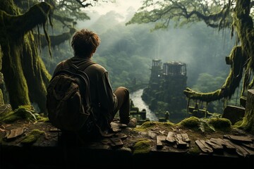 Observer rests, gazing upon woods from high point Rear perspective Generative AI