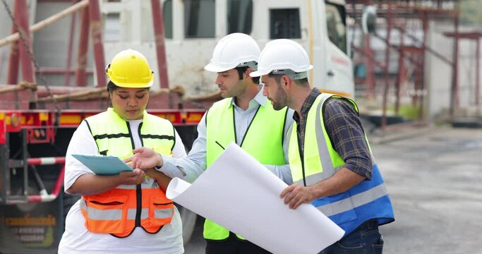Obese female and hispanic male site engineers. Ethnic diversity worker people, Success teamwork professional engineering people in hardhat safety helmet meeting at Prefabricated concrete walls factory