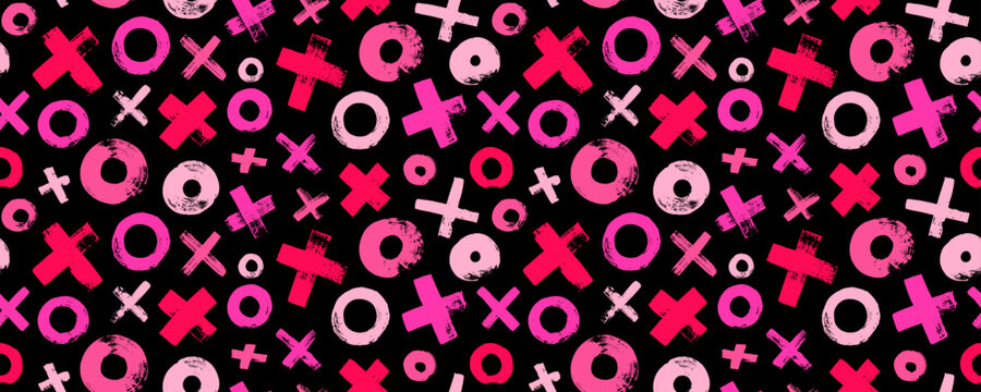 Red and pink colored XOXO seamless pattern. Vector abstract background with various circles and crosses for Valentines day holiday. Grunge texture with brush drawn geometric elements.