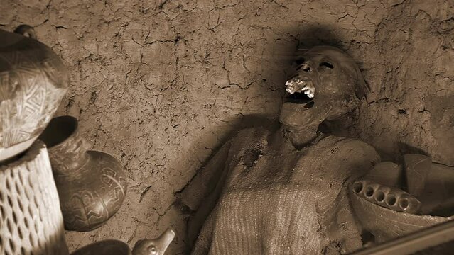 Mummy Surrounded by Musical Instruments and Andean Objects in La Paz, Bolivia, South America. 4K Resolution.