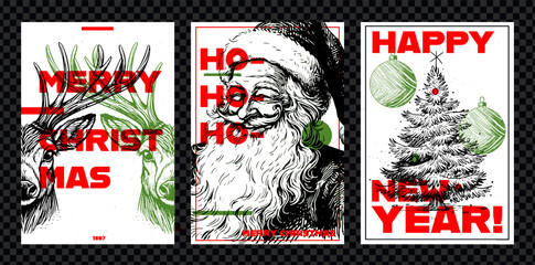 Set of Merry Christmas flyer, poster or postcard with reindeer, Santa Claus and a Christmas tree. Vintage vector card with hand drawn in engraved style.