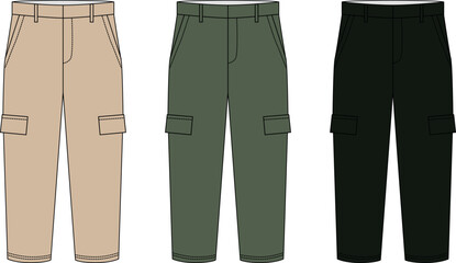 Set vector drawing of cargo pants, beige, green black colors. Outline drawing of trousers with pockets, vector. Fashion pants template in casual style with leg pockets.