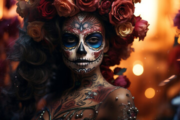 Vibrant Calavera Catrina with Sugar Skull Makeup on a Striking Floral Background - Dia de los Muertos Festival
