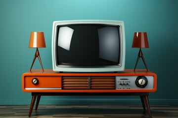 Vibrant contrast, retro orange TV on wood table against mint blue background Generative AI