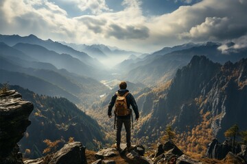 Fototapeta premium Back view, backpacker on rocky peak, arms raised, captivated by misty mountain scenery Generative AI