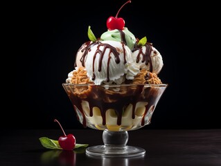 delicious sundae with chocolate and cream and a cherry on top
