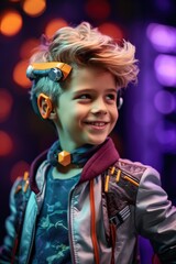 Photography of a pleased, child boy that is have hair that is changing colors based on emotions wearing a mood-responsive hair accessory against a tech-infused fashion runway background. Generative AI