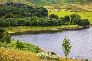 Rural landscape of the Dovestone Reservoir on the western edge of the Peak District National Park, UK.