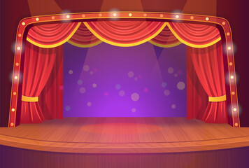 A theater stage with a red open curtain. Vector template illustration