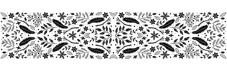 Merry Christmas and Happy New Year luxury festive design with border. Line art style. Winter dark background with floral ornament. Xmas decoration. Vector illustration