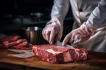 An artistic shot of the meat seller's hands holding a sharp knife, poised over a pristine slab of meat ready for customization 