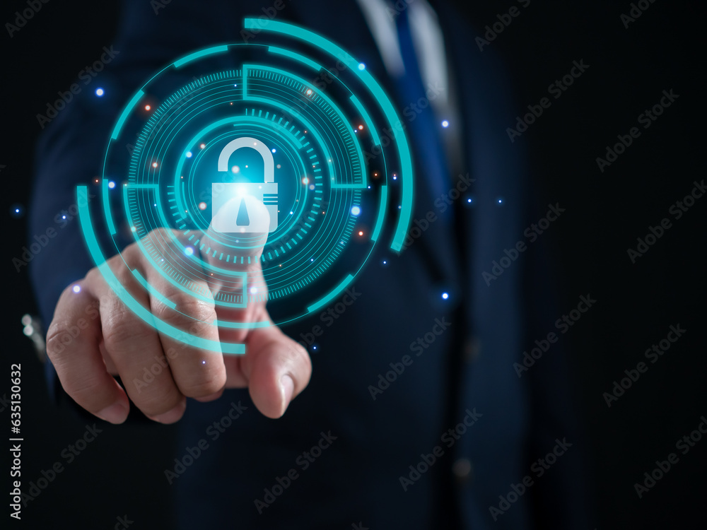 Aufkleber businessman finger pressing on virtual key. represents protection from outside hacking. the concept 