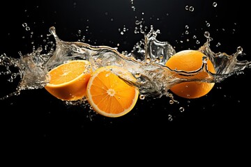Half cut orange fruit falling into water splash on black background.