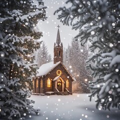 Little church with snowflakes framed by snow-covered green pine trees 
