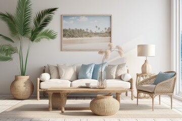  a coastal themed boho living room, wall mockup.