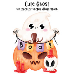 Cute Ghost, Halloween, Halloween ghost. witch, Halloween watercolor style. vector. illustration