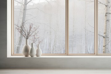 Fototapeta na wymiar a minimalist Nordic interior with vases, wooden floor, and white landscape in window.