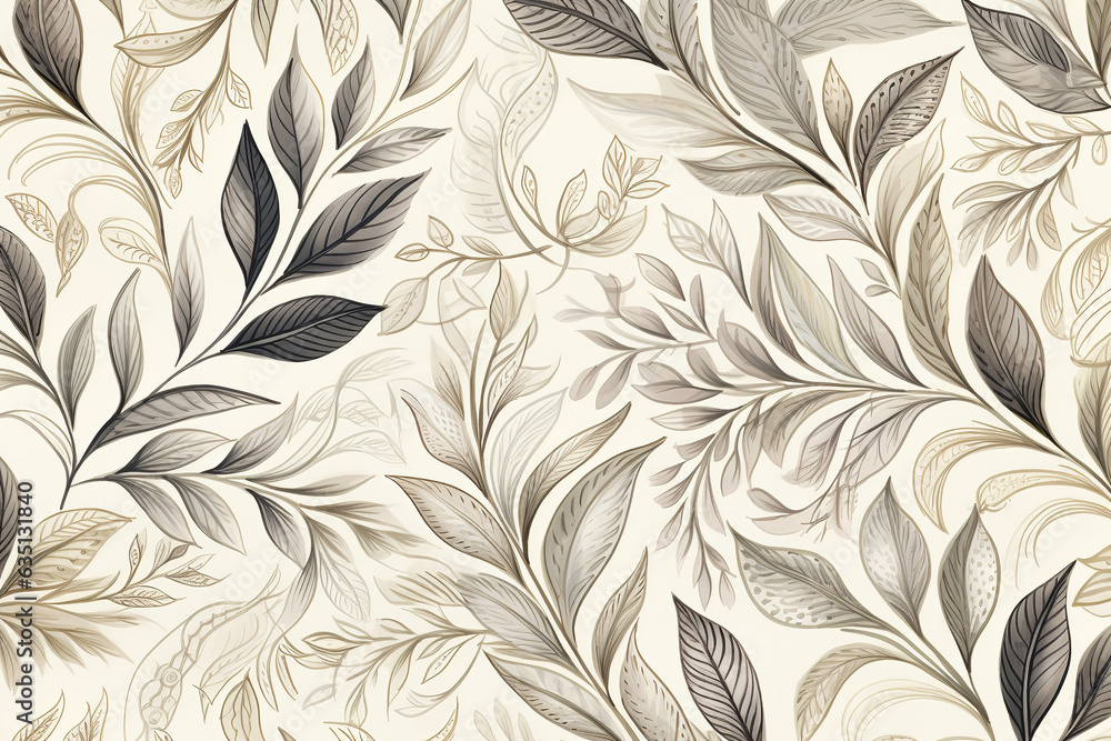 Wall mural create a pattern with leaves line art, using delicate neutral colors to form intricate and elegant l