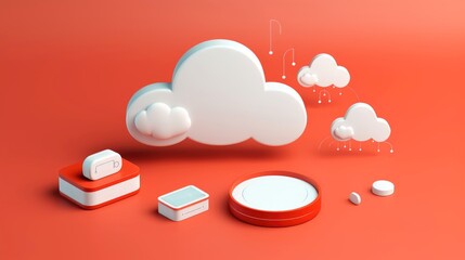 3D red white cloud icon minimal style, cloud computing online service, digital technology security concept