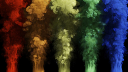 Clouds of multi-colored smoke rise up on a black background. 3d illustration.