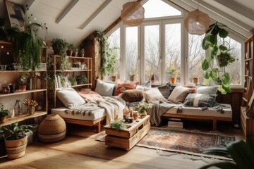 Fototapeta premium a cozy Scandinavian Bohemian style room with natural wooden furniture, creating a warm home interior atmosphere.