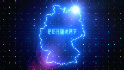 Futuristic Blue Shine Germany Outline Map And Label Text Glowing Neon Light Optical Light Flare With Stars Sparkle Grid Background