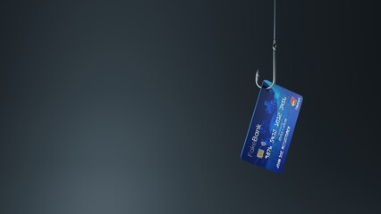 Credit card as bait on a fishing hook. Internet scam, phishing, online theft concept. Digital 3D...