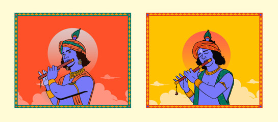 Janmashtami festival vector with Lord Krishna playing flute vector illustration background, banner, digital post, poster, and card design
