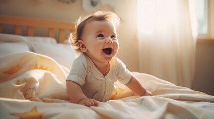 Portrait of a smiling baby in blanket - obrazy, fototapety, plakaty