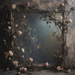 Obraz premium Old Mirror with Pink Roses Flowers Frame on a Old Gray Wall Background. Gray Room with Mirror and Pink Roses Flowers