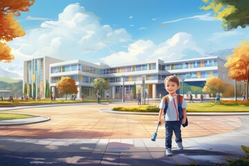 Schoolboy stands in front of the school, illustration