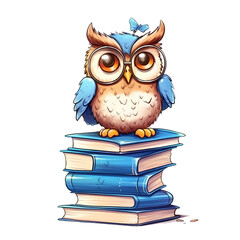 Cute Owl Standing On Books Clipart Illustration