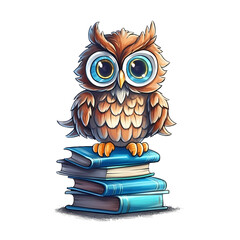 Cute Owl Standing On Books Clipart Illustration