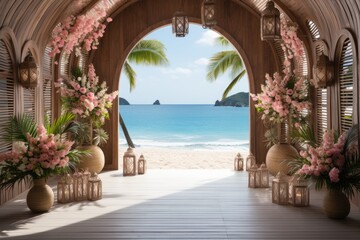 Wedding arch decorated with flowers on tropical beach