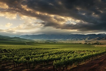 Landscape with vineyards. There are some nice dramatic clouds in the sky