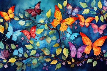 Colored butterflies in different colors, illustration, watercolor