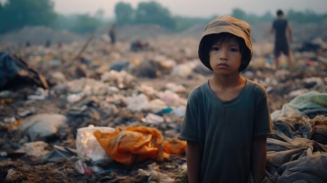 Poor homeless children in garbage dump at city, The environment is toxic.
