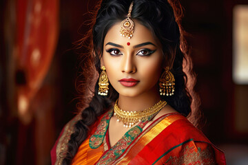 A sari clad Indian girl's portrait captures her captivating allure