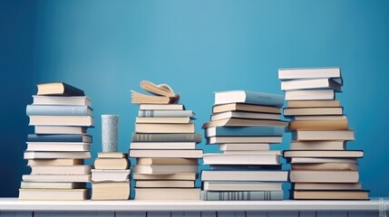Books arranged on wooden table with blue background.