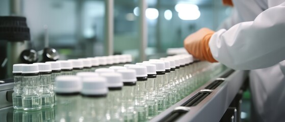 hand of staff check Medical vials on production line at pharmaceutical factory, Pharmaceutical machine working pharmaceutical glass bottles production line, Generative AI