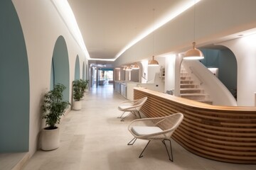 Modern hotel lobby with waiting room space, Hotel wellness center interior with reception desk.