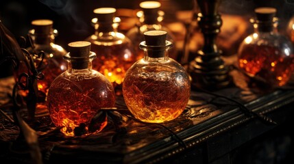 Magic potion bottles on a witch's table
