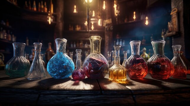 Magic potion bottles on a witch's table