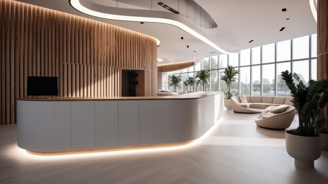Contemporary reception with waiting area interior.