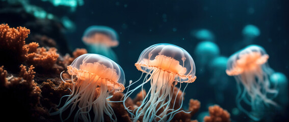 Fototapeta na wymiar Wide angle photo of beautiful luminous jellyfish floating in the mysterious sea. Breathtaking underwater scene.